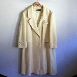 70s Vintage Wellington Fashions Cream Long Wool Coat Size L Double Breasted